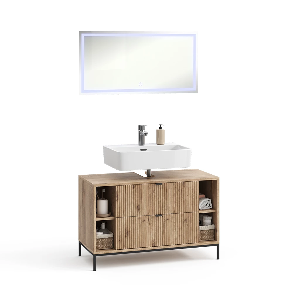 Badkamermeubelset in Viking Eik on white background with decorative elements
