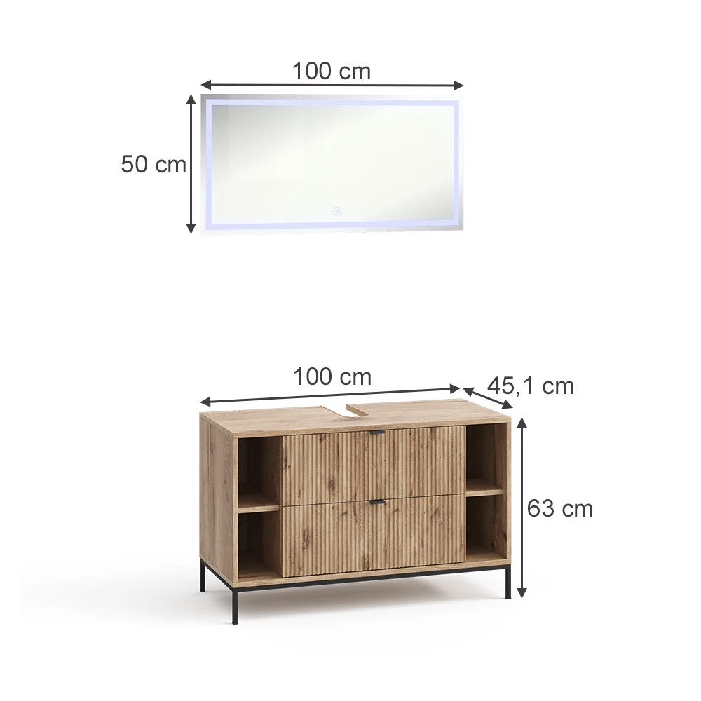 Badkamermeubelset in Viking Eik on white background with visible dimensions