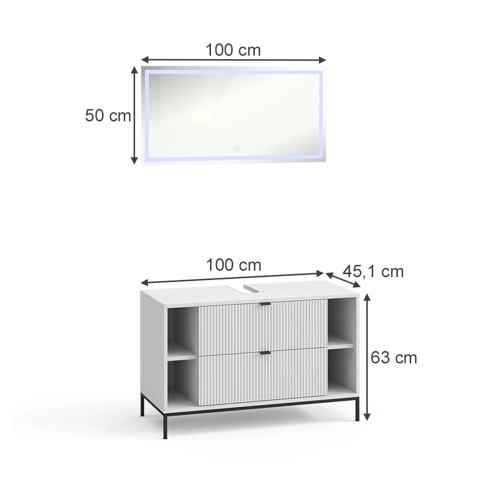 Badkamermeubelset in Wit on white background with visible dimensions