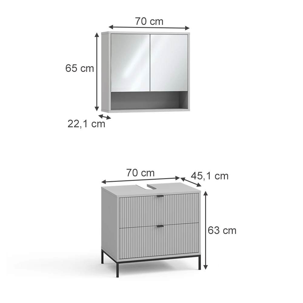 Badkamermeubelset in Grijs on white background with visible dimensions