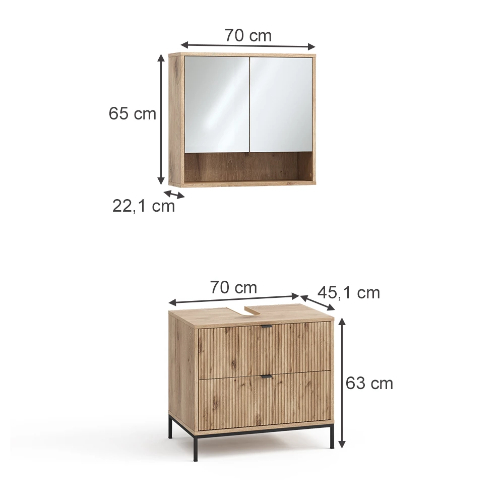Badkamermeubelset in Viking Eik on white background with visible dimensions