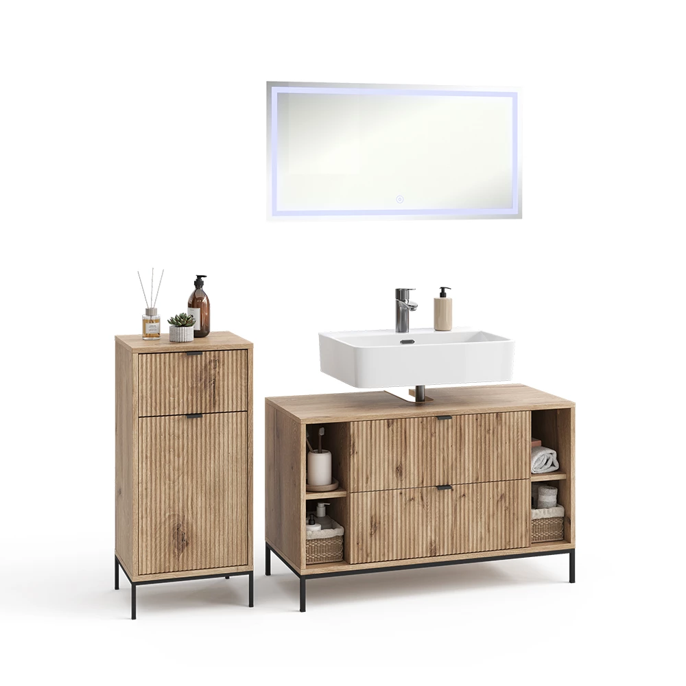 Badkamermeubelset in Viking Eik on white background with decorative elements