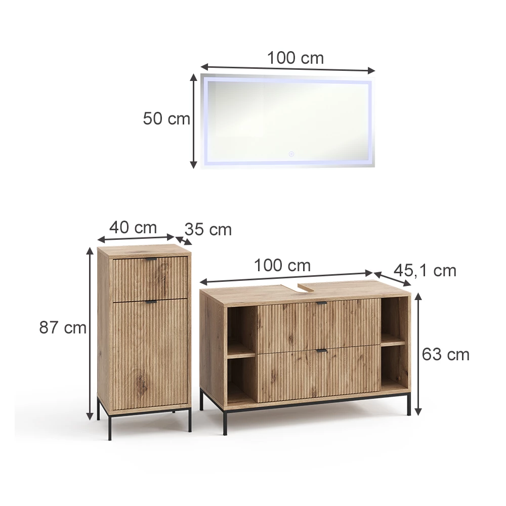 Badkamermeubelset in Viking Eik on white background with visible dimensions