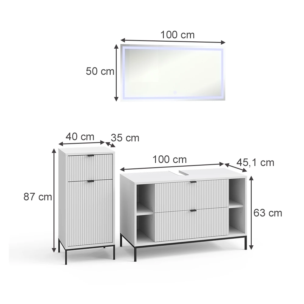 Badkamermeubelset in Wit on white background with visible dimensions
