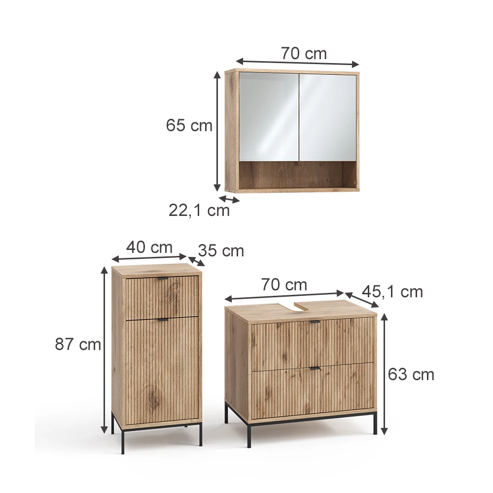 Badkamermeubelset in Viking Eik on white background with visible dimensions