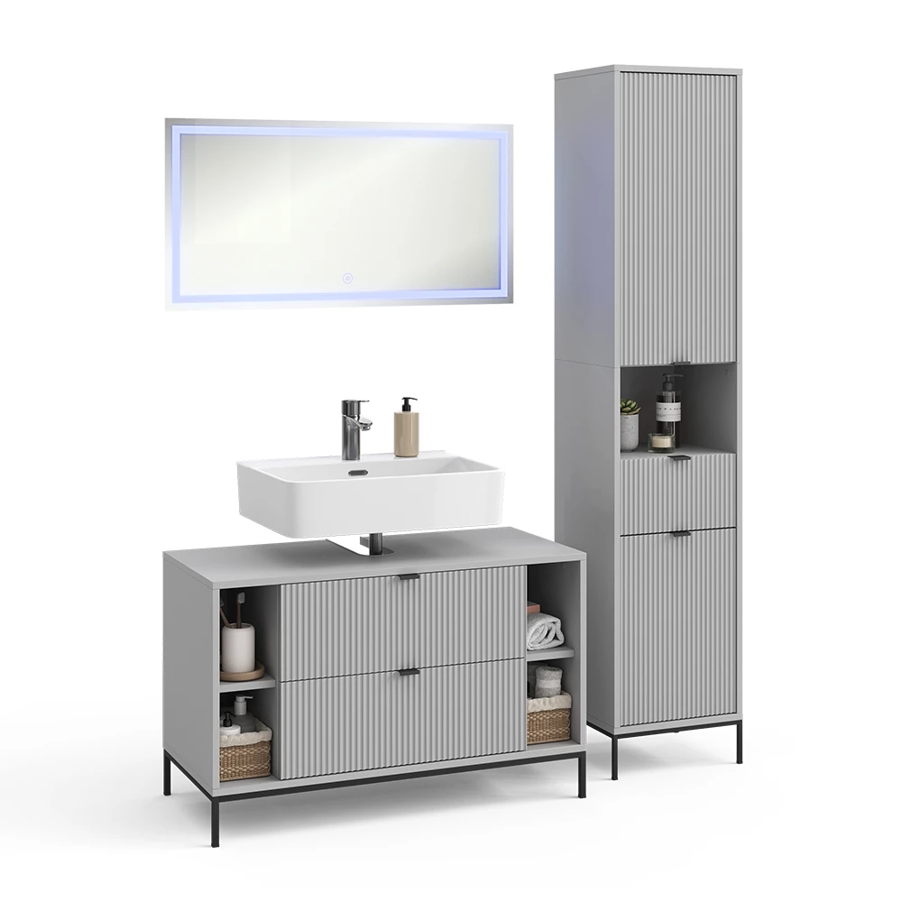 Badkamermeubelset in Grijs on white background with decorative elements