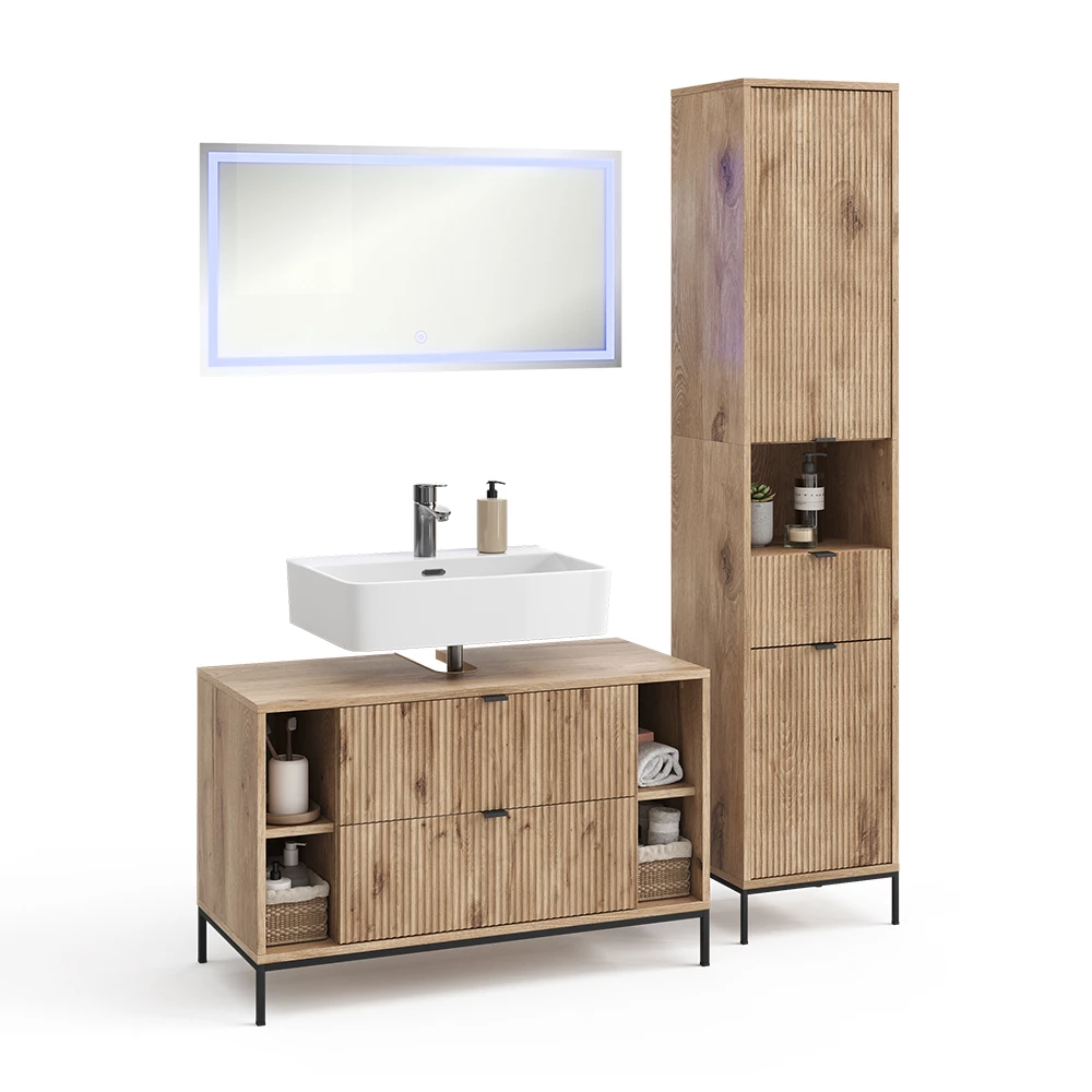 Badkamermeubelset in Viking Eik on white background with decorative elements