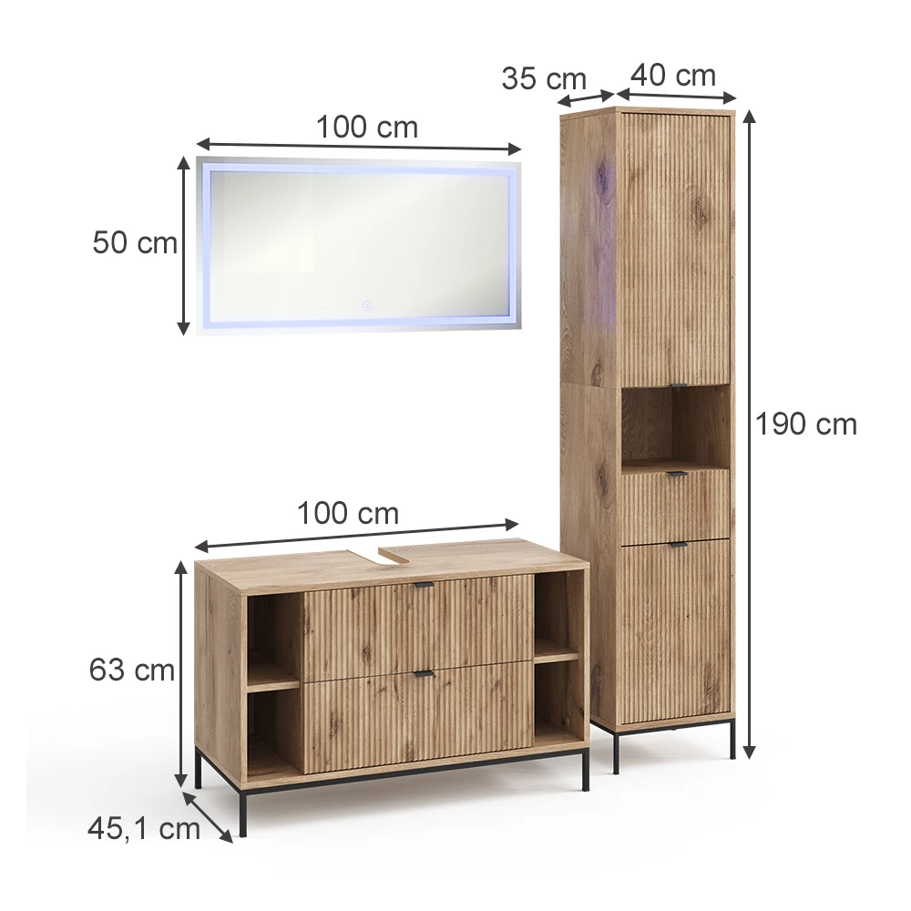 Badkamermeubelset in Viking Eik on white background with visible dimensions