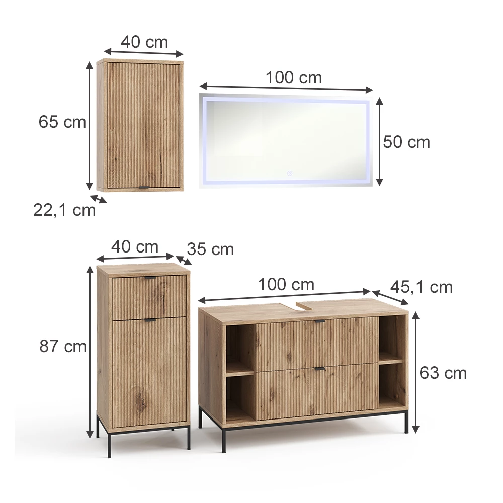 Badkamermeubelset in Viking Eik on white background with visible dimensions