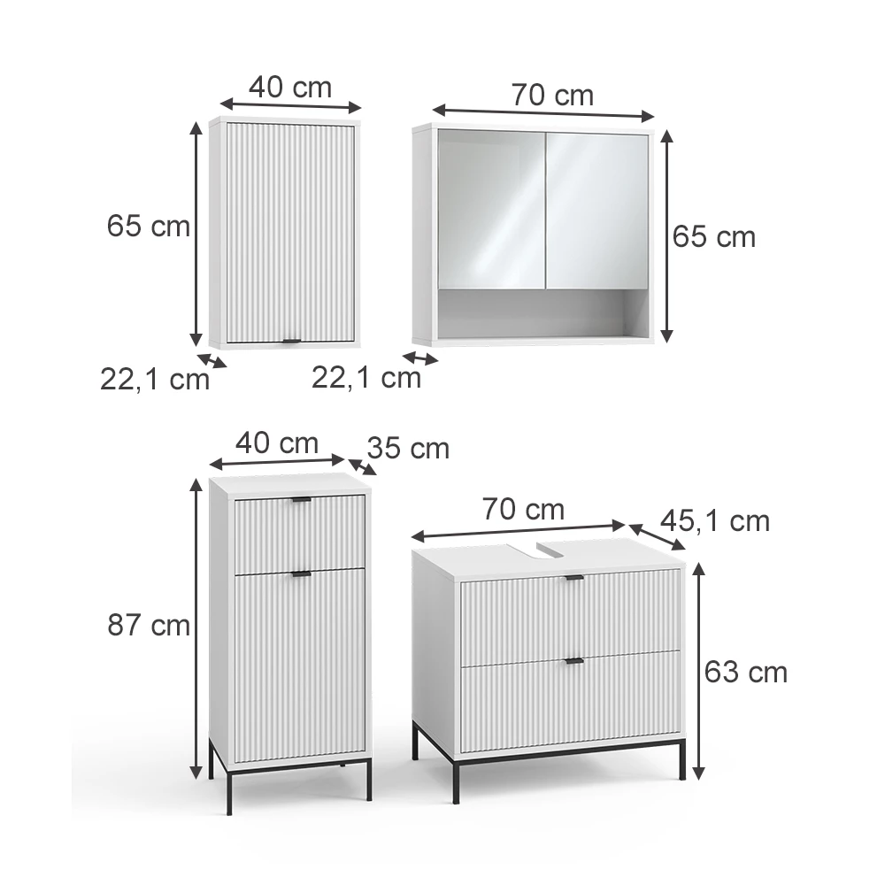 Badkamermeubelset in Wit on white background with visible dimensions