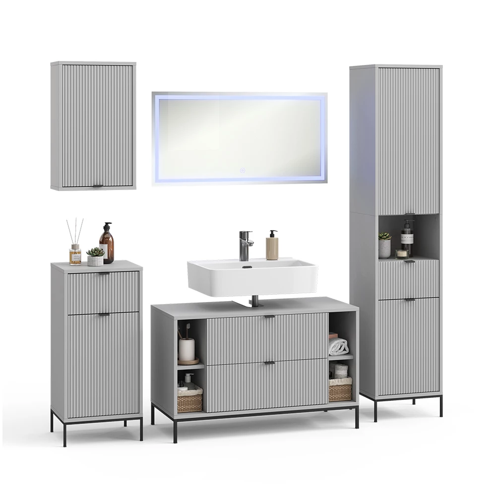 Badkamermeubelset in Grijs on white background with decorative elements