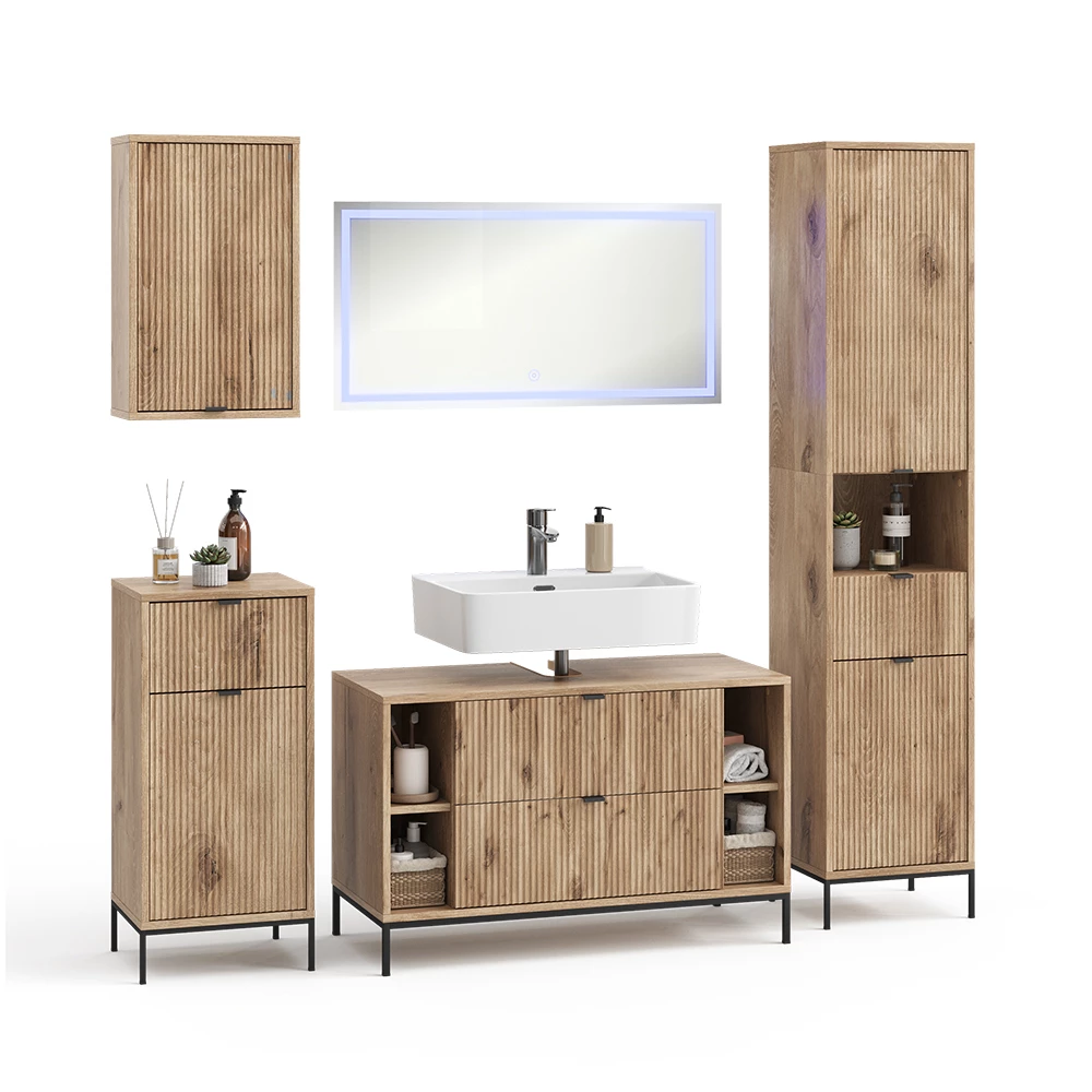 Badkamermeubelset in Viking Eik on white background with decorative elements