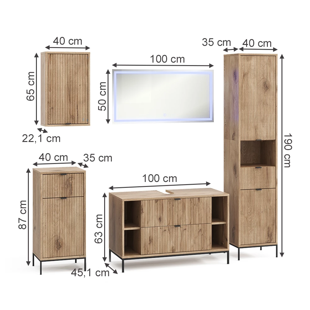Badkamermeubelset in Viking Eik on white background with visible dimensions