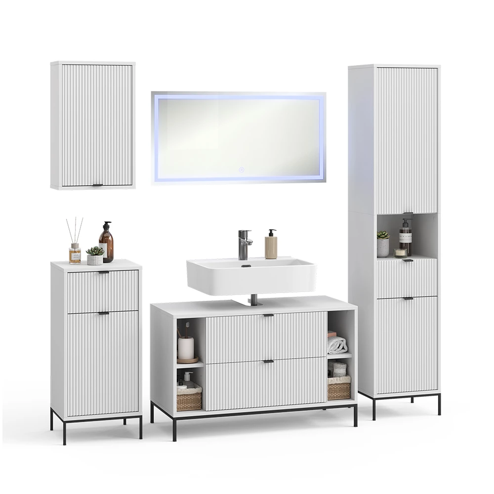 Badkamermeubelset in Wit on white background with decorative elements