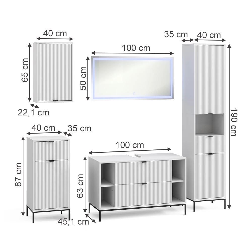Badkamermeubelset in Wit on white background with visible dimensions