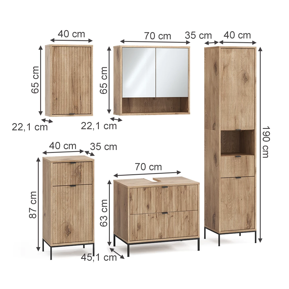 Badkamermeubelset in Viking Eik on white background with visible dimensions