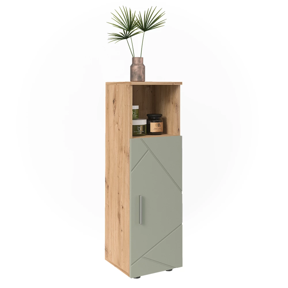 Halfhoge kast in Saliegroen on white background with decorative elements