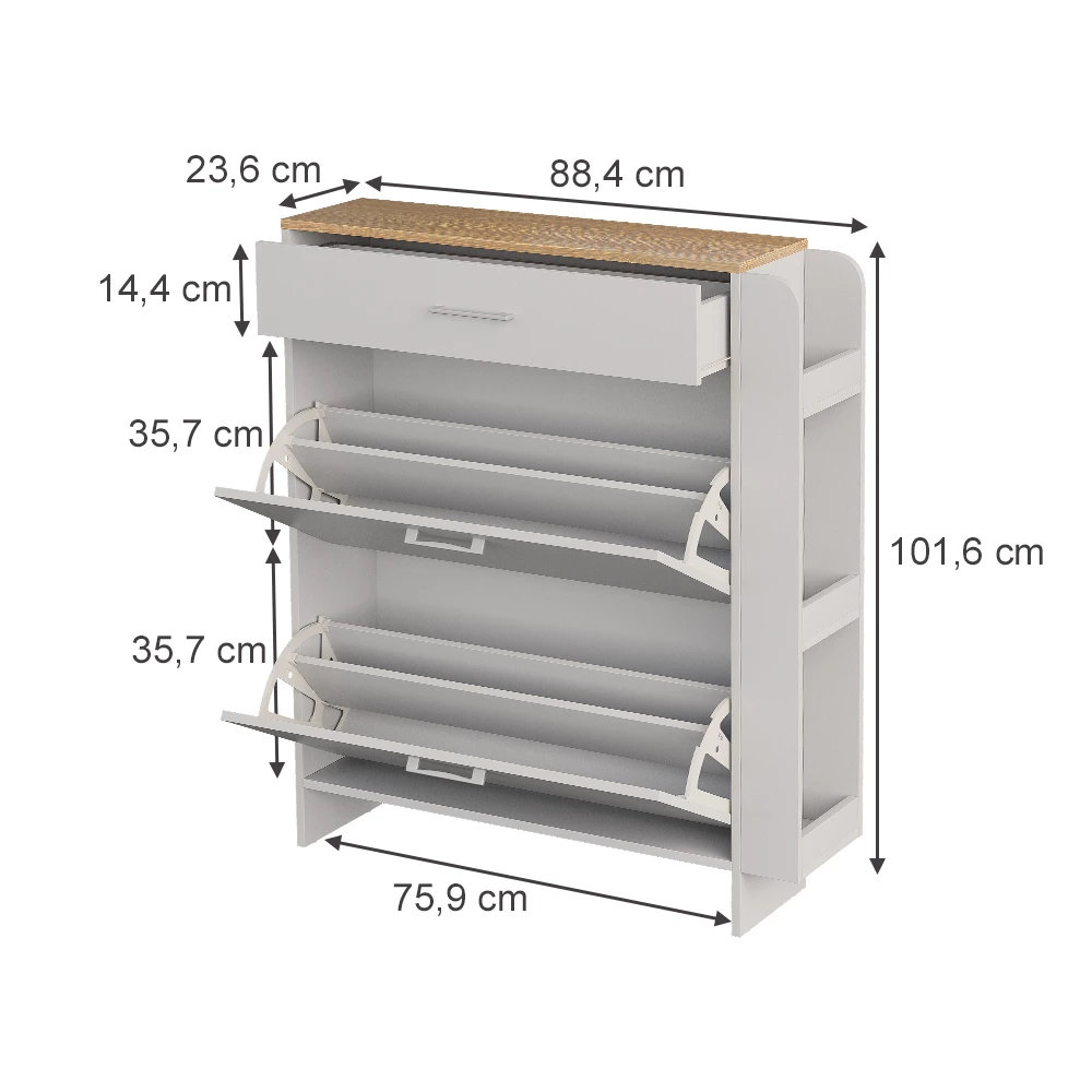 Cipőszekrény Fehér/tölgy színben fehér háttéren