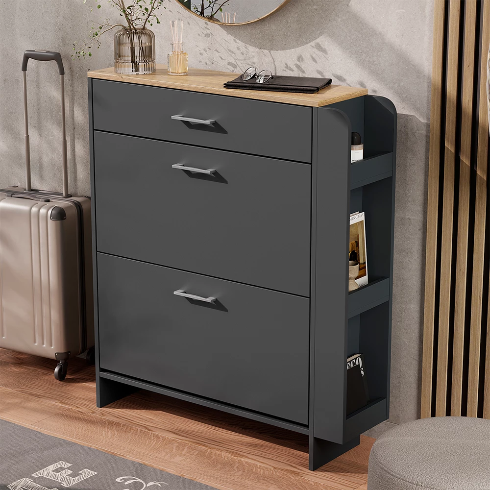 Schuhschrank in Anthrazit/Eiche auf weißem Hintergrund