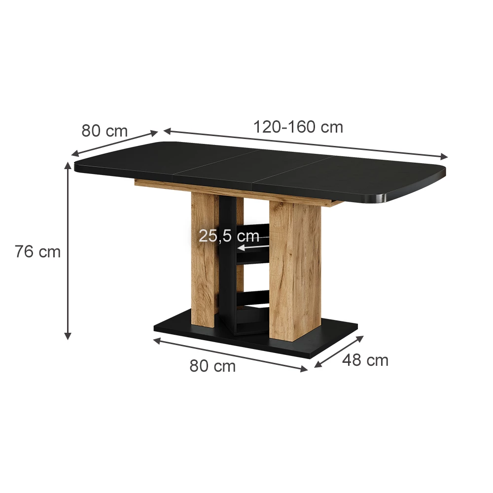 Esstisch in Schwarz/Goldkraft Eiche auf weißem Hintergrund