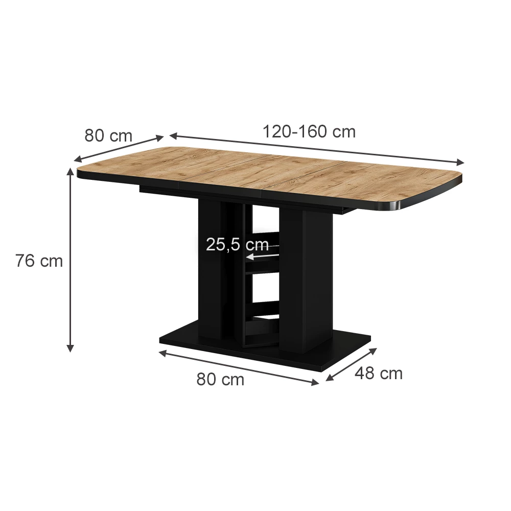 Esstisch in Goldkraft Eiche/Schwarz auf weißem Hintergrund