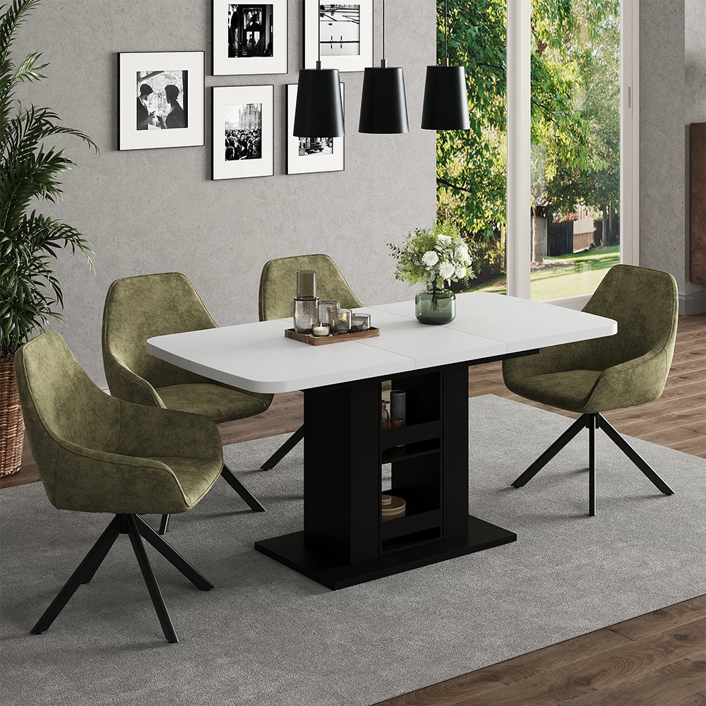 Esstisch in Weiß/Schwarz, dargestellt im Ambiente mit Dekoration