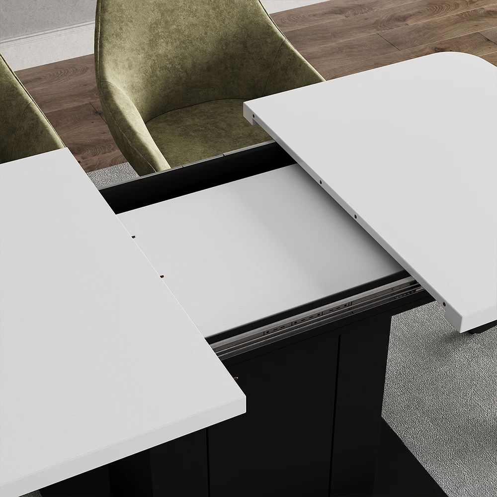 Nahaufnahme von Esstisch in Weiß/Schwarz, zeigt Textur/Details