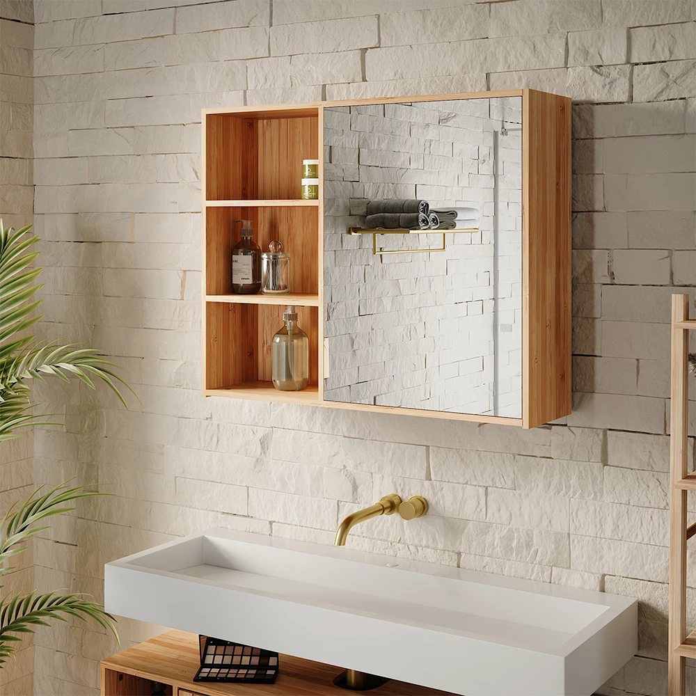 Badspiegelschrank Lucie Bambus 74 x 60 cm mit 3 offenen Fchern Vicco |  Bambus | Spiegelschrank 74 cm | 406673158766702