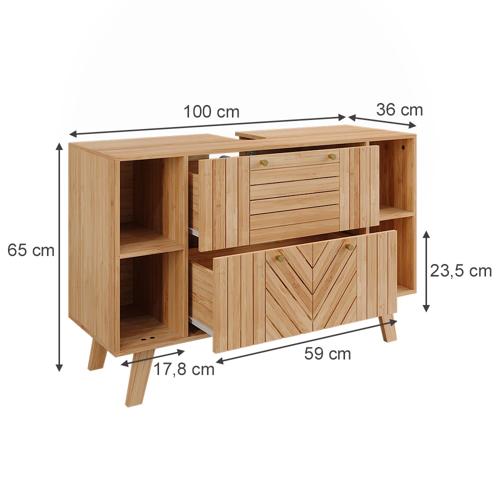 Waschbeckenunterschrank in Bambus auf weißem Hintergrund