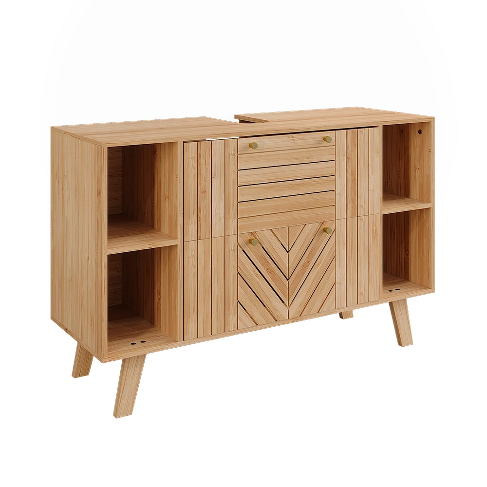 Waschbeckenunterschrank in Bambus auf weißem Hintergrund