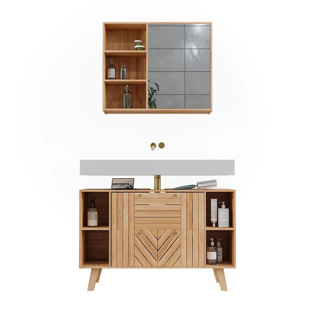 Badkamermeubelset in Bamboe on white background with decorative elements