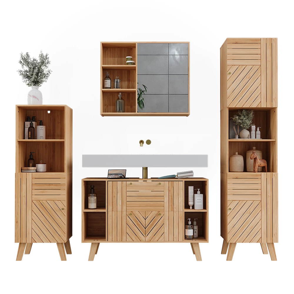 Badkamermeubelset in Bamboe on white background with decorative elements