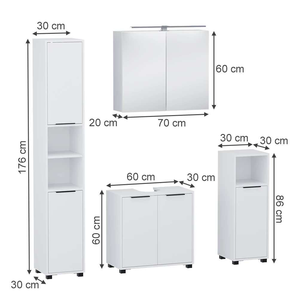 Badkamermeubelset in Wit on white background with visible dimensions