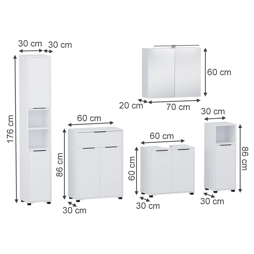 Badkamermeubelset in Wit on white background with visible dimensions