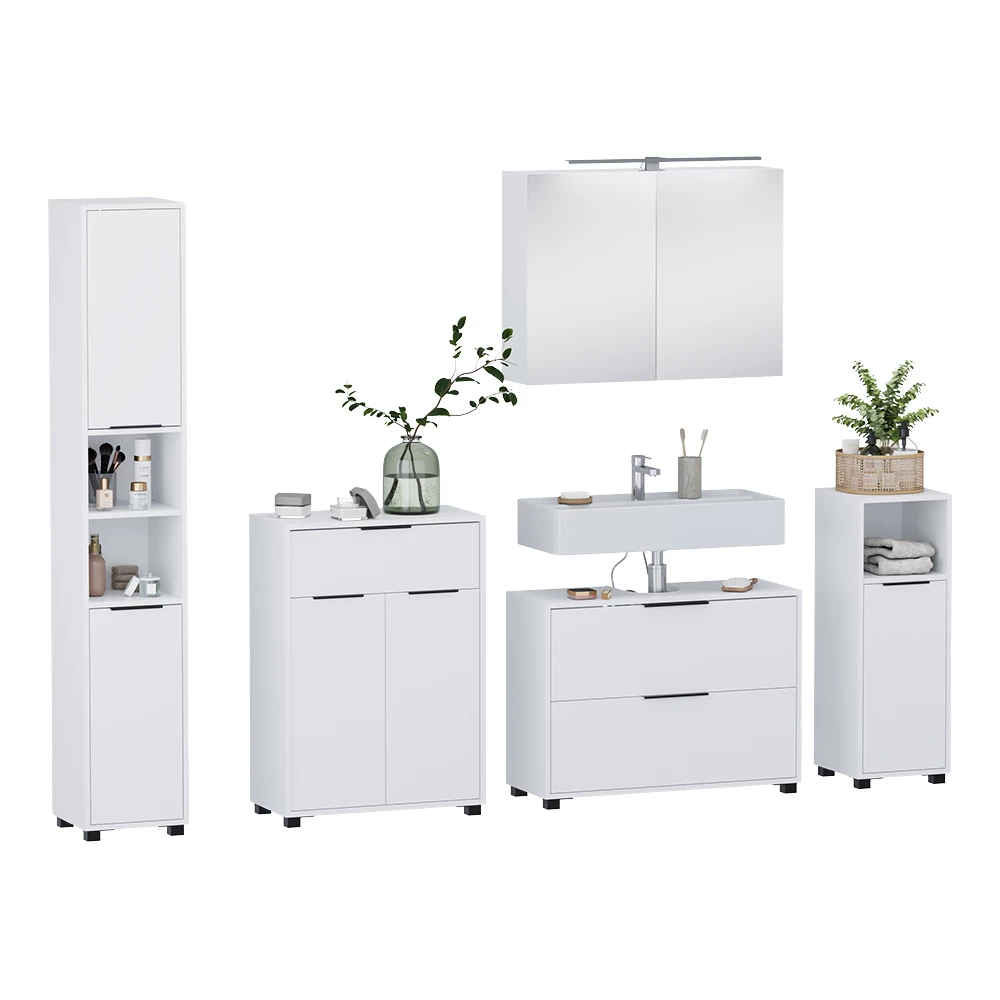 Badkamermeubelset in Wit on white background with decorative elements