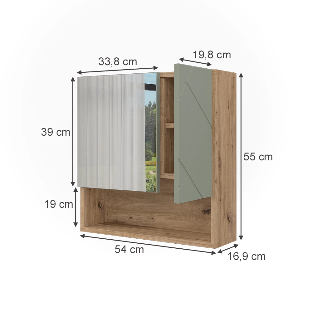 Bathroom mirror cabinet in Sage green on white background