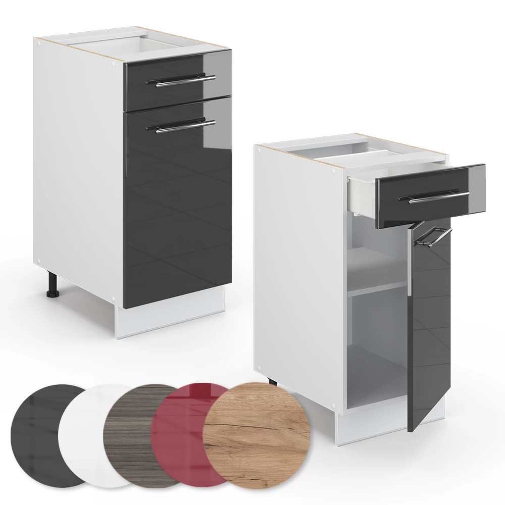 Nahaufnahme von Küchenunterschrank in Anthrazit Hochglanz, zeigt Textur/Details