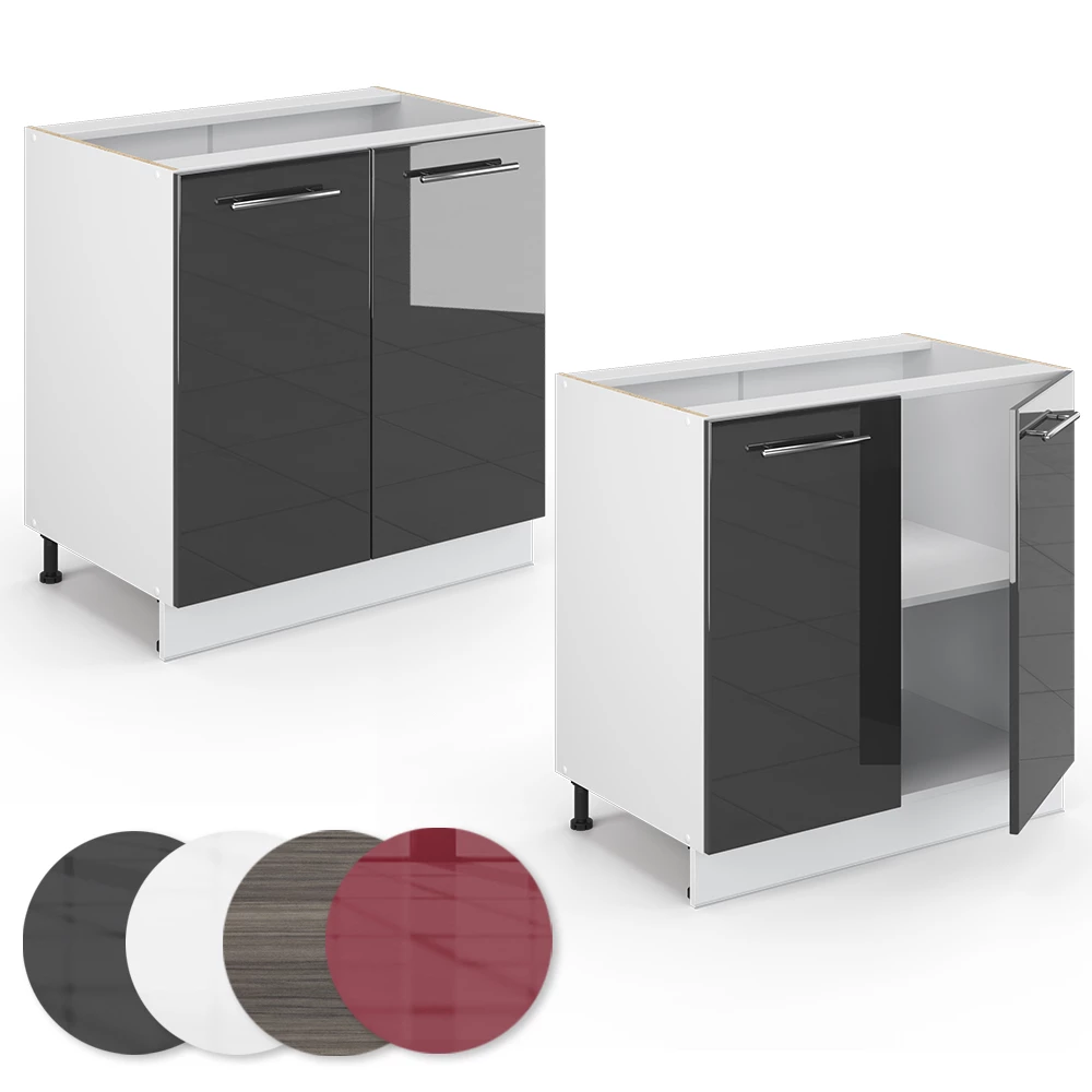 Nahaufnahme von Spülenunterschrank in Anthrazit Hochglanz, zeigt Textur/Details