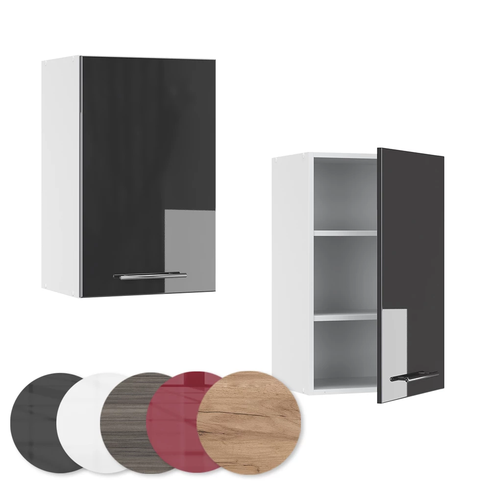 Nahaufnahme von Hängeschrank in Anthrazit Hochglanz, zeigt Textur/Details