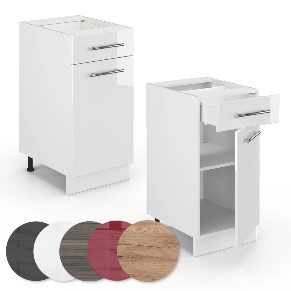 Nahaufnahme von Küchenunterschrank in Weiß Hochglanz, zeigt Textur/Details