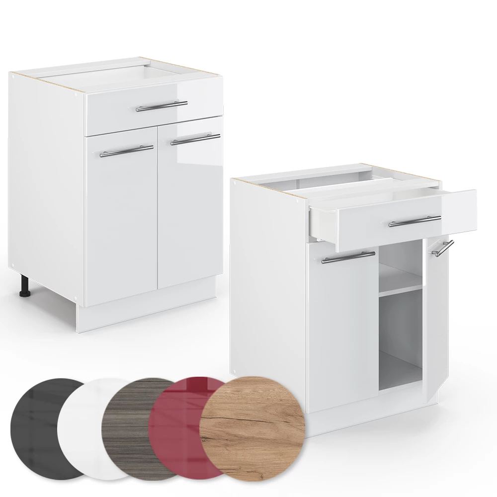 Nahaufnahme von Küchenunterschrank in Weiß Hochglanz, zeigt Textur/Details