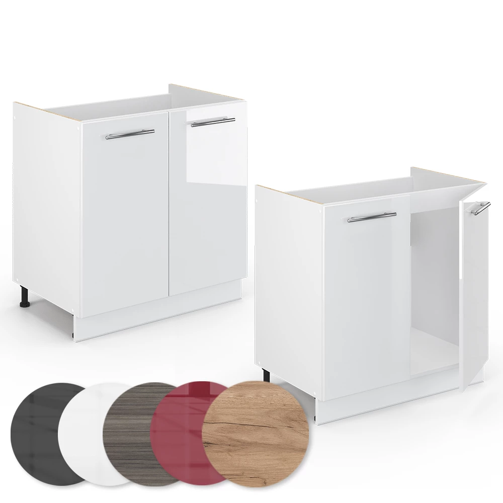 Nahaufnahme von Spülenunterschrank in Weiß Hochglanz, zeigt Textur/Details