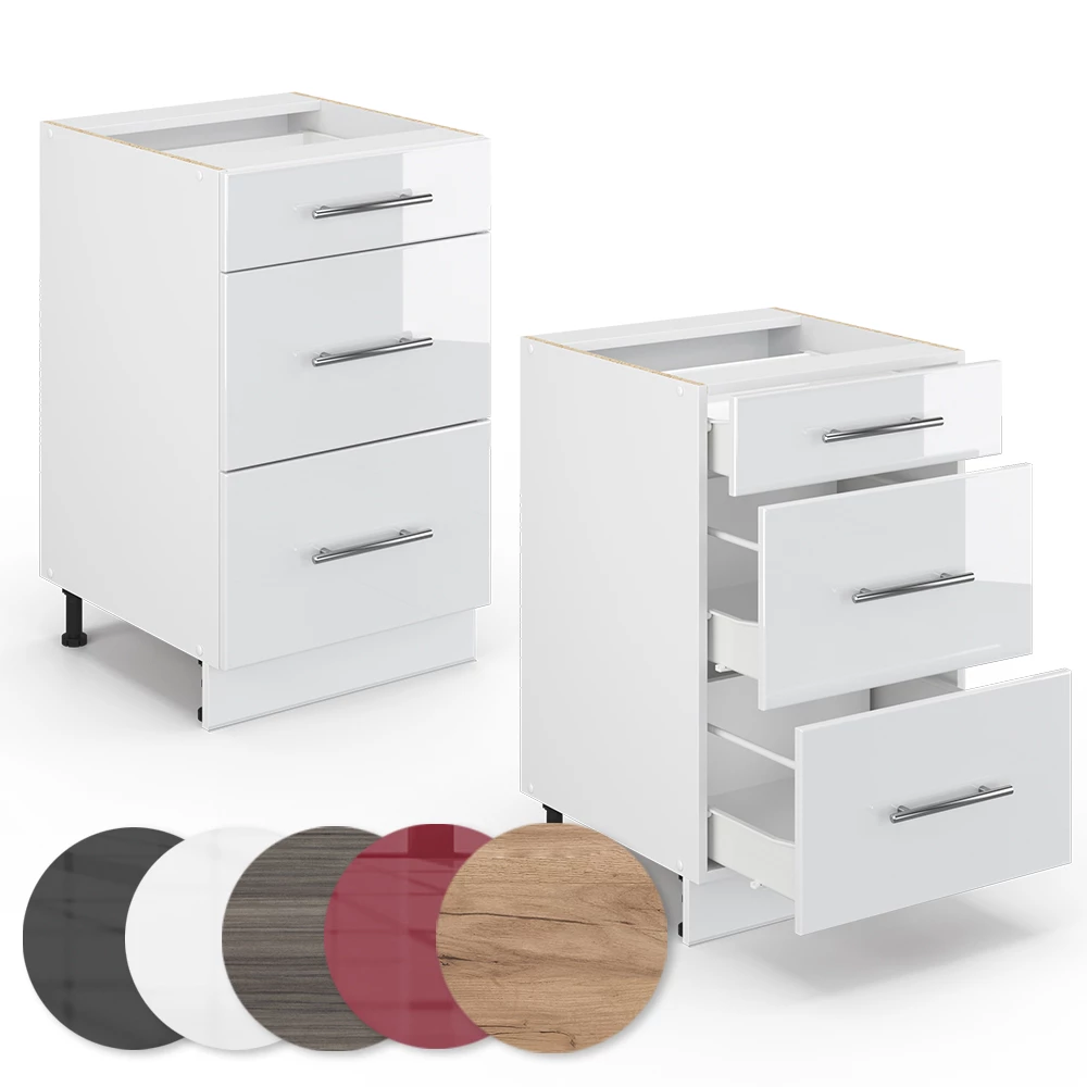 Nahaufnahme von Küchenunterschrank in Weiß Hochglanz, zeigt Textur/Details