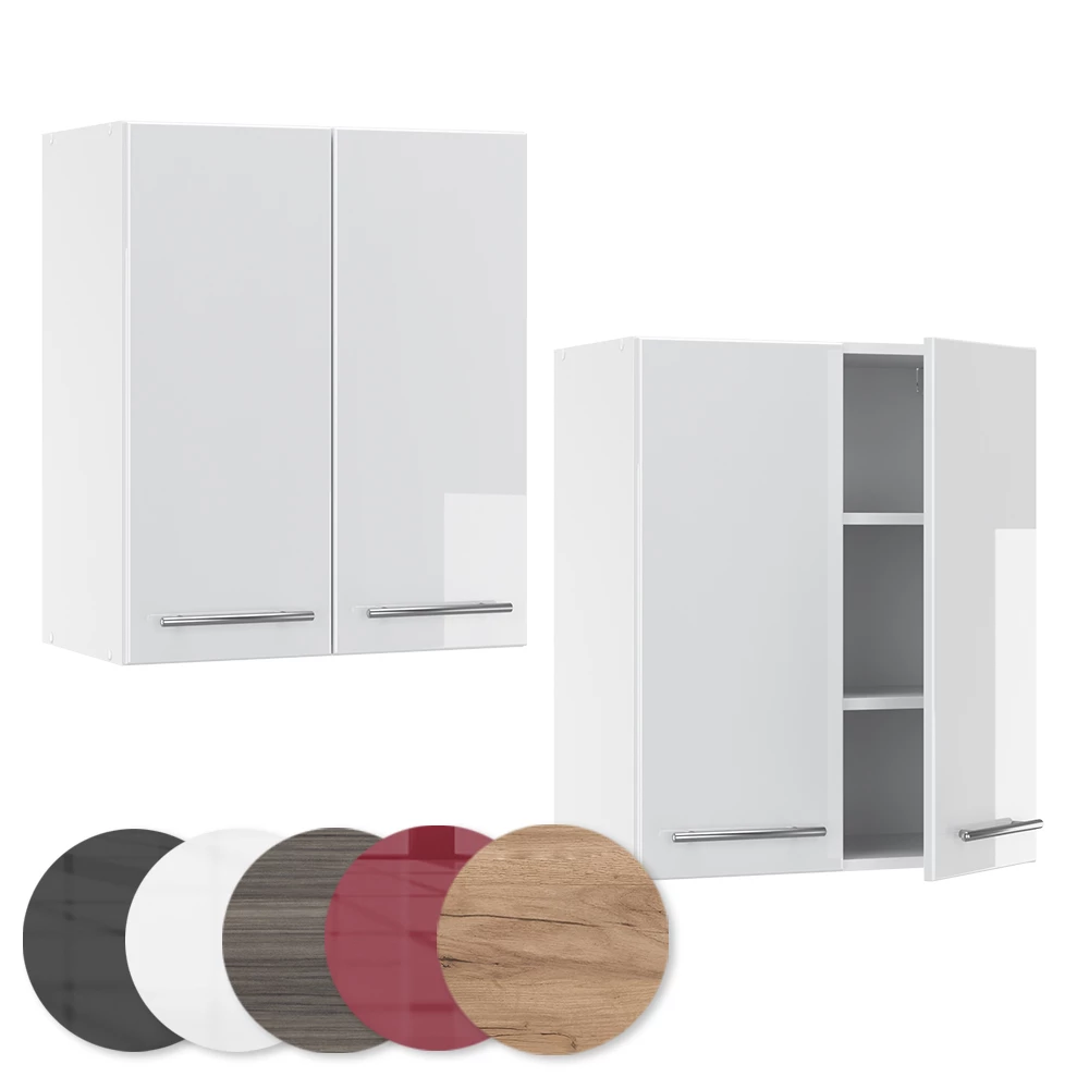 Nahaufnahme von Hängeschrank in Weiß Hochglanz, zeigt Textur/Details