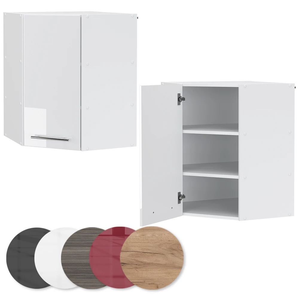 Nahaufnahme von Eckhängeschrank in Weiß Hochglanz, zeigt Textur/Details