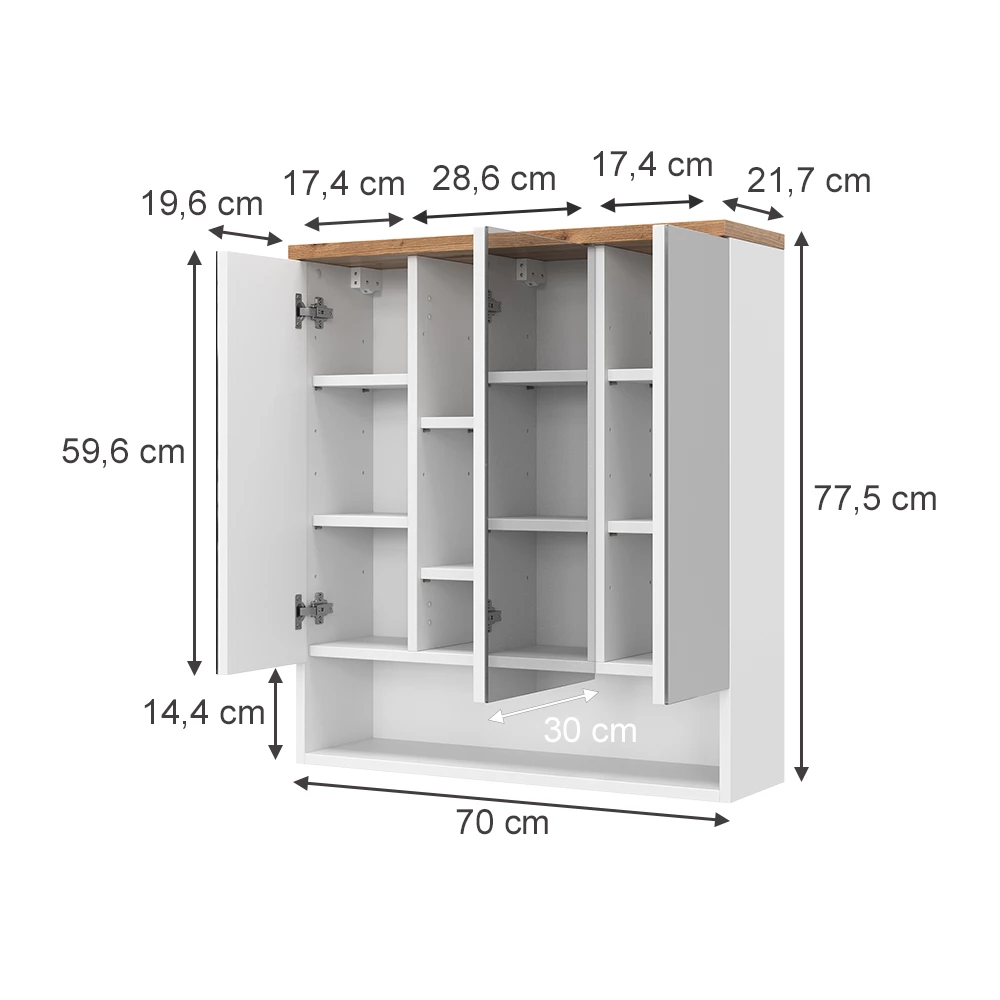 Badspiegelschrank in Weiß auf weißem Hintergrund mit sichtbaren Maßen