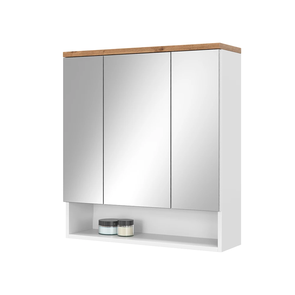 Badspiegelschrank in Weiß auf weißem Hintergrund mit dekorativen Elementen