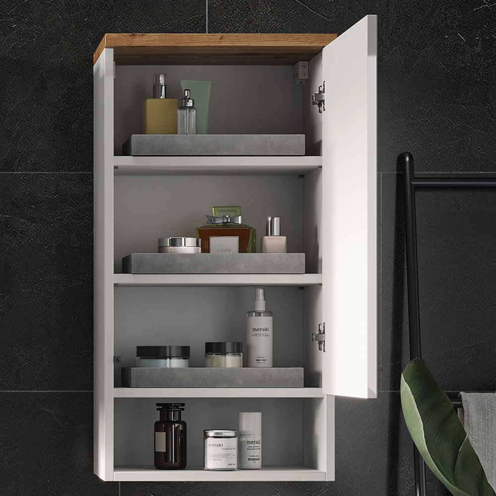 Nahaufnahme von Badschrank in Weiß, zeigt Textur/Details