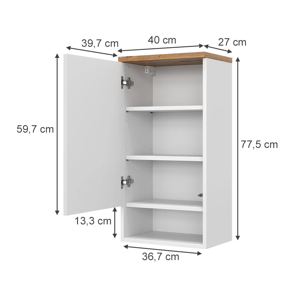 Badschrank in Weiß auf weißem Hintergrund mit sichtbaren Maßen