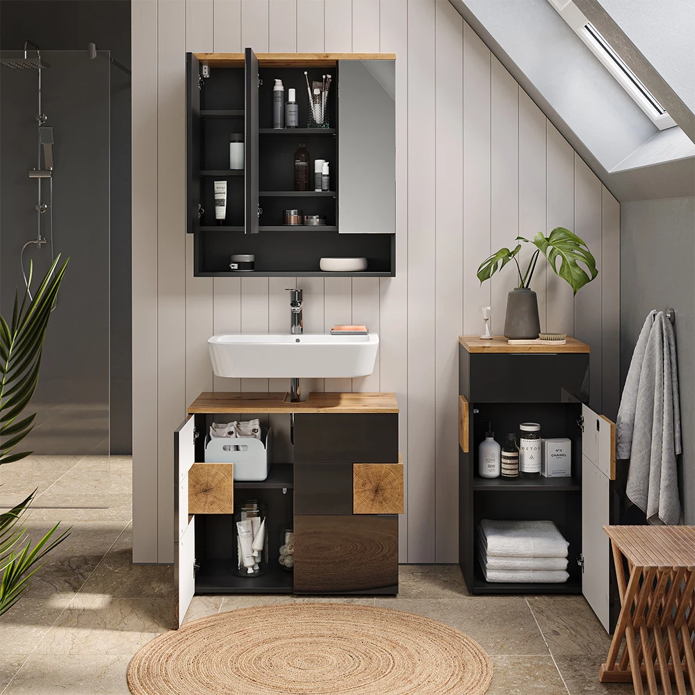 Nahaufnahme von Midischrank in Anthrazit, zeigt Design- und Oberflächendetails